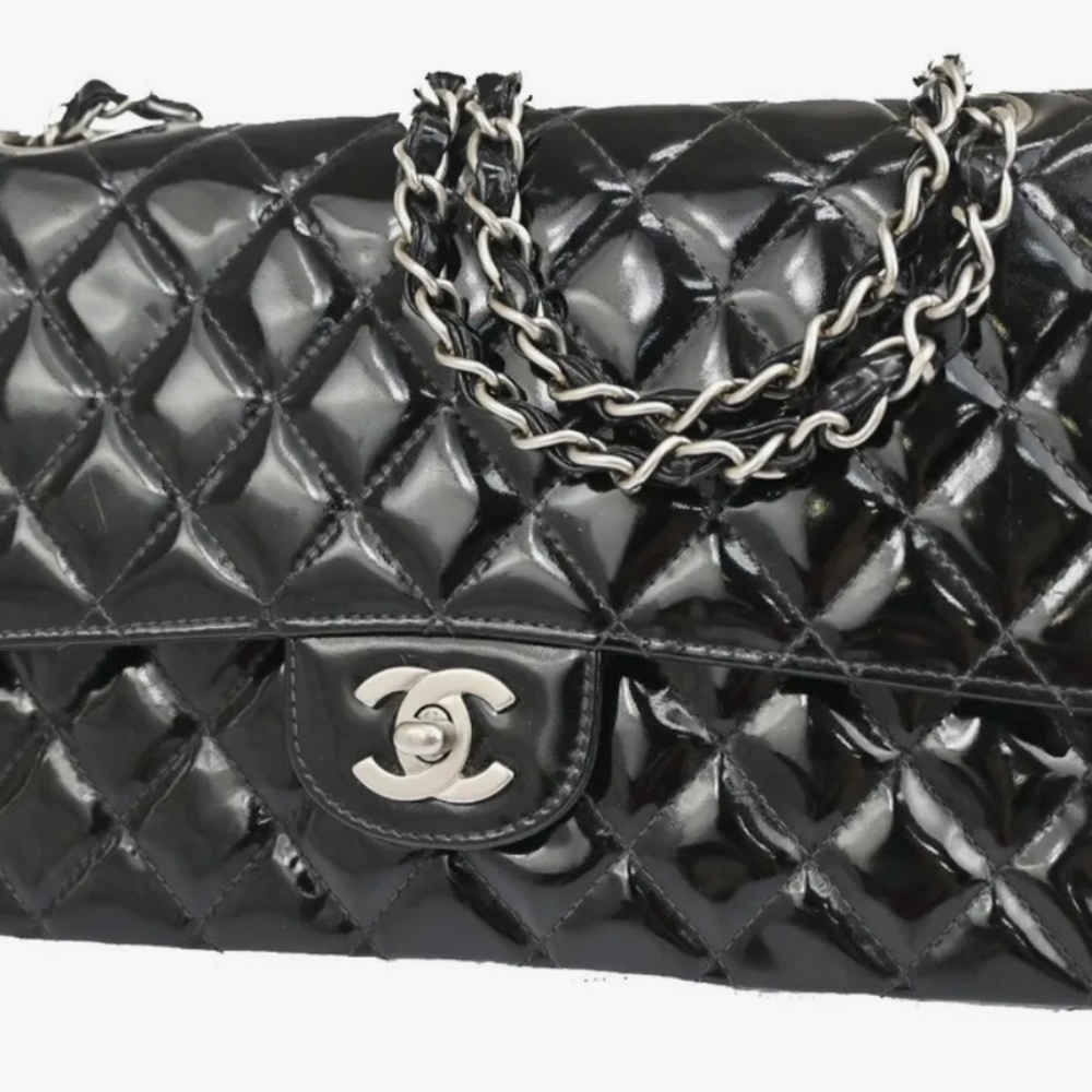 CHANEL CC Matelasse 25 Double Flap Chain Shoulder Bag Patent Leather black